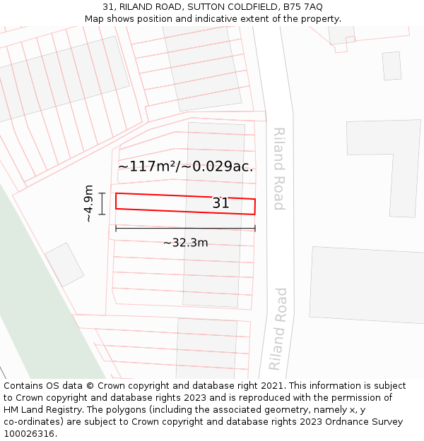 31, RILAND ROAD, SUTTON COLDFIELD, B75 7AQ: Plot and title map