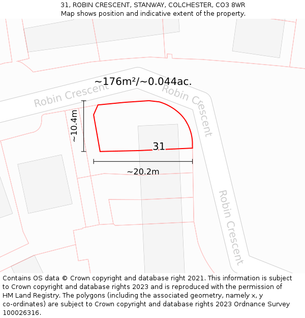 31, ROBIN CRESCENT, STANWAY, COLCHESTER, CO3 8WR: Plot and title map