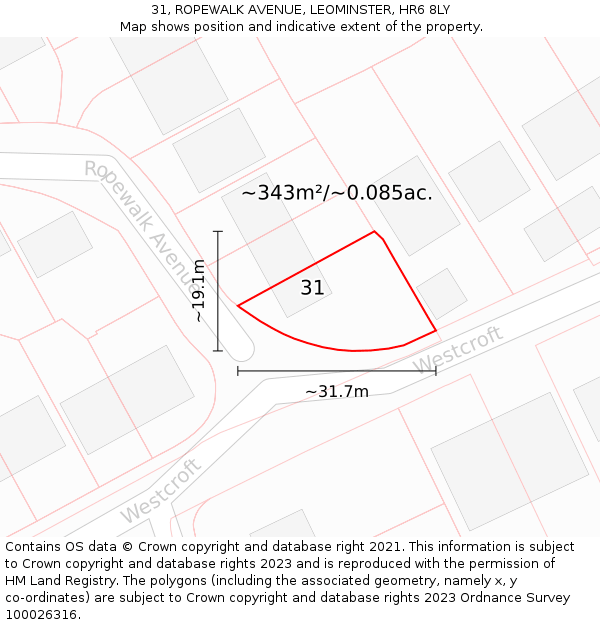 31, ROPEWALK AVENUE, LEOMINSTER, HR6 8LY: Plot and title map