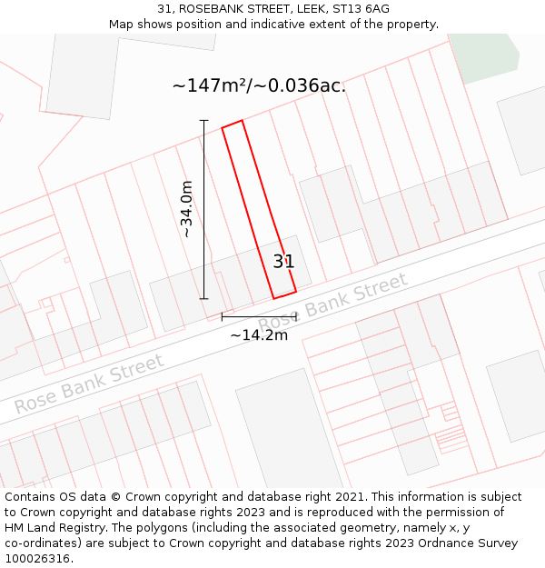 31, ROSEBANK STREET, LEEK, ST13 6AG: Plot and title map