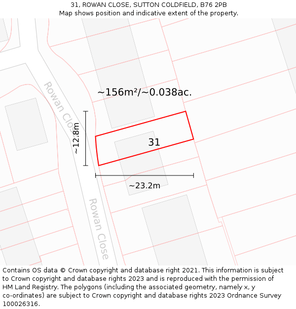31, ROWAN CLOSE, SUTTON COLDFIELD, B76 2PB: Plot and title map