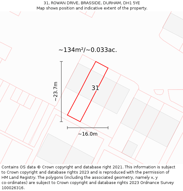 31, ROWAN DRIVE, BRASSIDE, DURHAM, DH1 5YE: Plot and title map