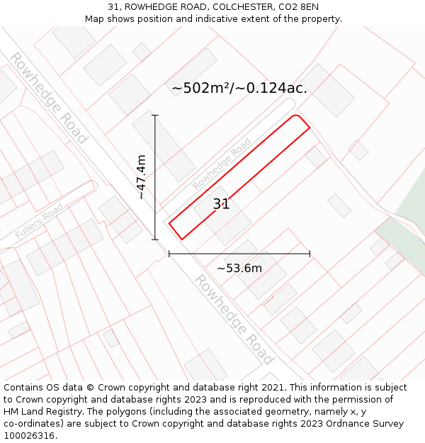 31, ROWHEDGE ROAD, COLCHESTER, CO2 8EN: Plot and title map