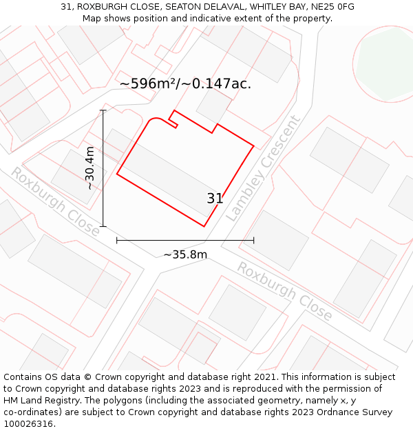 31, ROXBURGH CLOSE, SEATON DELAVAL, WHITLEY BAY, NE25 0FG: Plot and title map