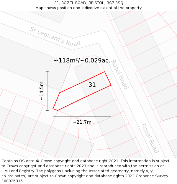 31, ROZEL ROAD, BRISTOL, BS7 8SQ: Plot and title map