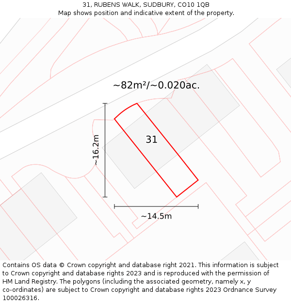 31, RUBENS WALK, SUDBURY, CO10 1QB: Plot and title map