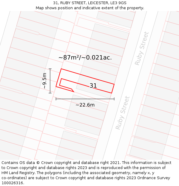 31, RUBY STREET, LEICESTER, LE3 9GS: Plot and title map