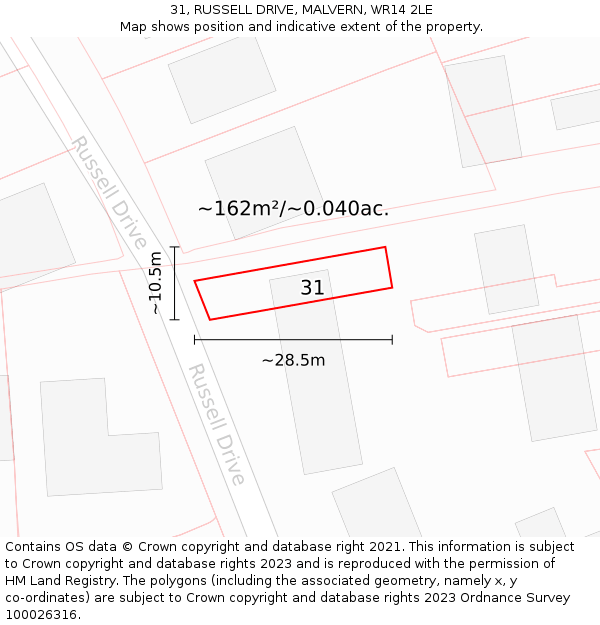 31, RUSSELL DRIVE, MALVERN, WR14 2LE: Plot and title map