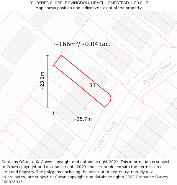 31, RYDER CLOSE, BOVINGDON, HEMEL HEMPSTEAD, HP3 0HZ: Plot and title map