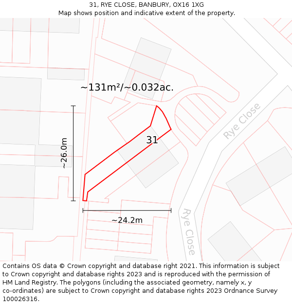 31, RYE CLOSE, BANBURY, OX16 1XG: Plot and title map