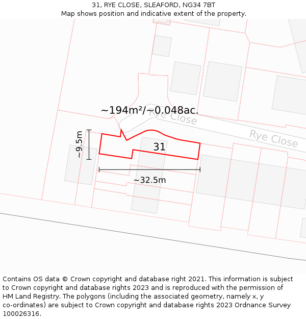 31, RYE CLOSE, SLEAFORD, NG34 7BT: Plot and title map