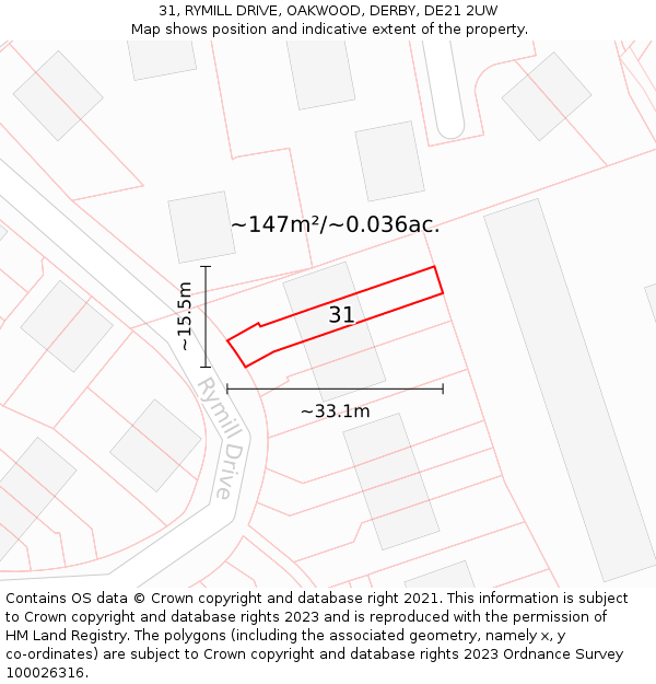 31, RYMILL DRIVE, OAKWOOD, DERBY, DE21 2UW: Plot and title map