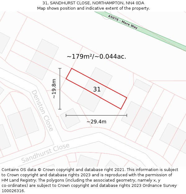 31, SANDHURST CLOSE, NORTHAMPTON, NN4 0DA: Plot and title map
