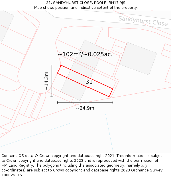 31, SANDYHURST CLOSE, POOLE, BH17 9JS: Plot and title map