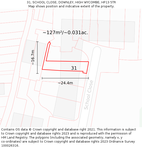 31, SCHOOL CLOSE, DOWNLEY, HIGH WYCOMBE, HP13 5TR: Plot and title map