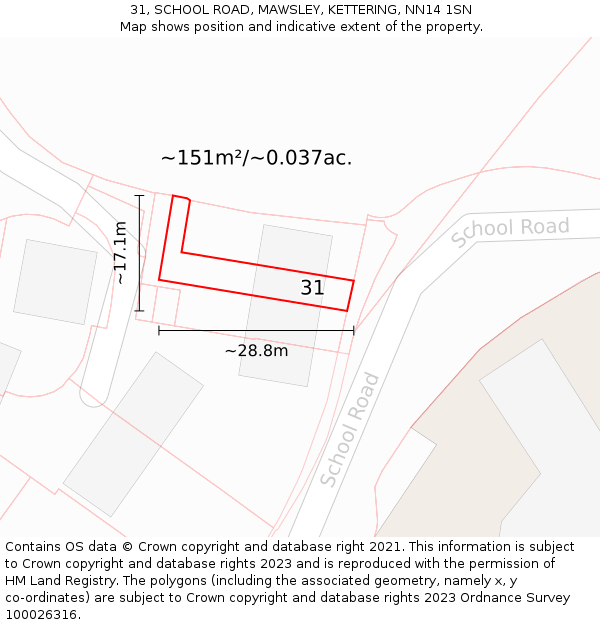 31, SCHOOL ROAD, MAWSLEY, KETTERING, NN14 1SN: Plot and title map