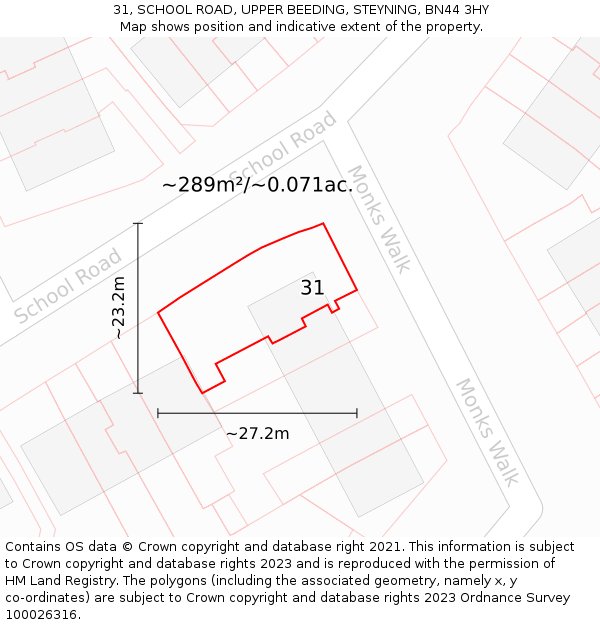 31, SCHOOL ROAD, UPPER BEEDING, STEYNING, BN44 3HY: Plot and title map