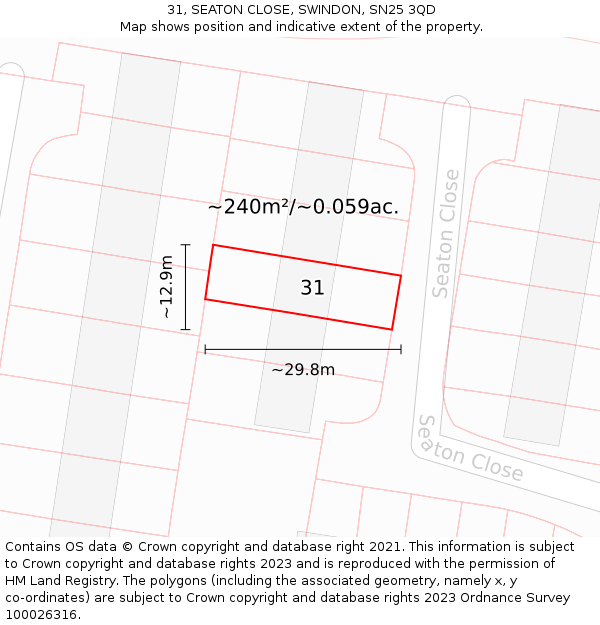 31, SEATON CLOSE, SWINDON, SN25 3QD: Plot and title map