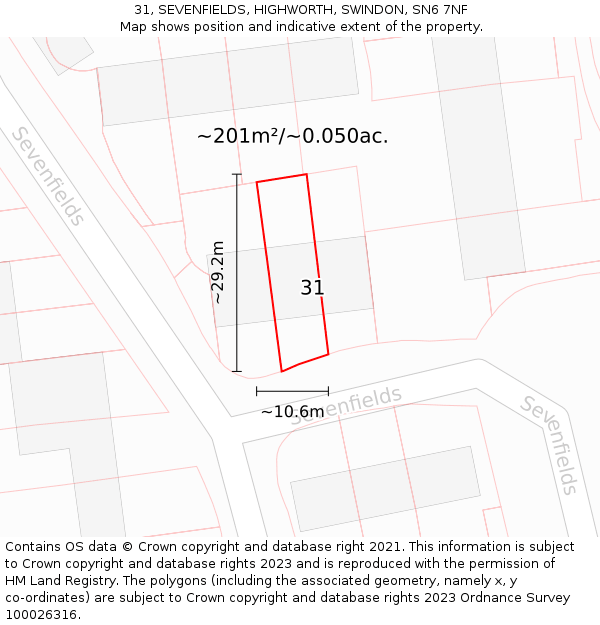 31, SEVENFIELDS, HIGHWORTH, SWINDON, SN6 7NF: Plot and title map