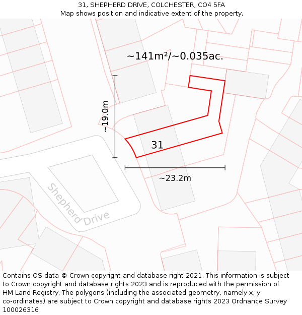 31, SHEPHERD DRIVE, COLCHESTER, CO4 5FA: Plot and title map