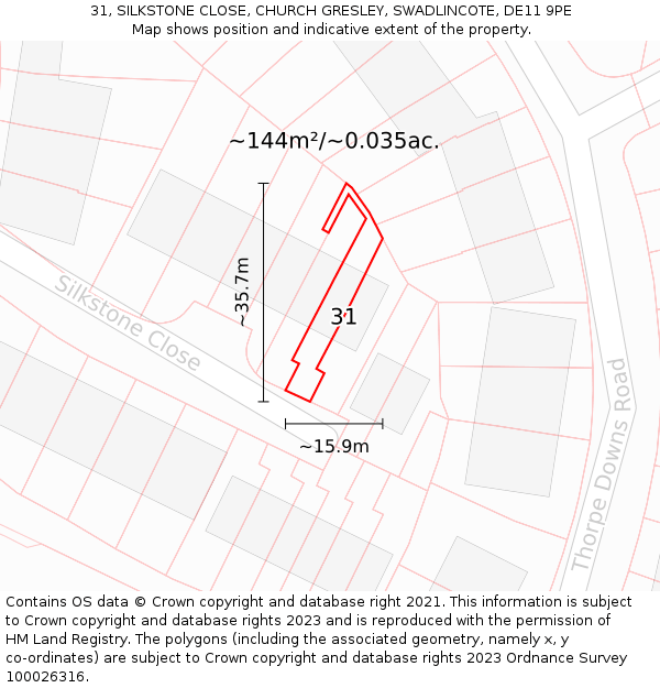 31, SILKSTONE CLOSE, CHURCH GRESLEY, SWADLINCOTE, DE11 9PE: Plot and title map