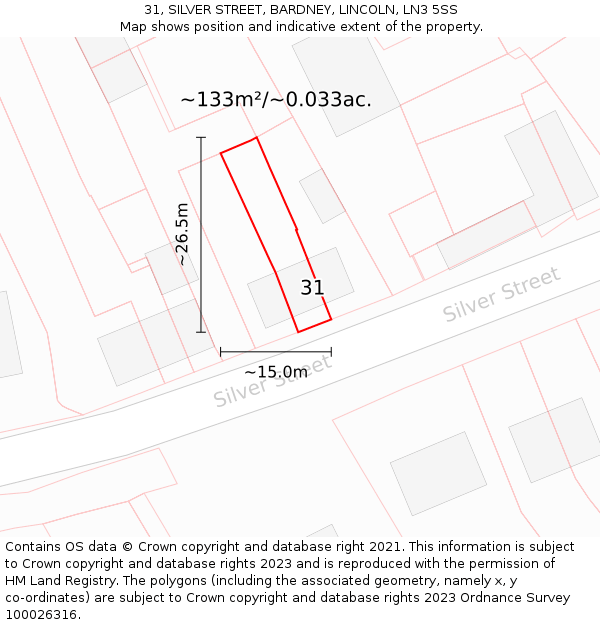 31, SILVER STREET, BARDNEY, LINCOLN, LN3 5SS: Plot and title map