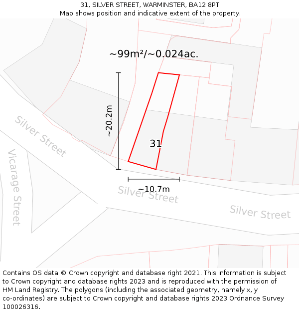 31, SILVER STREET, WARMINSTER, BA12 8PT: Plot and title map
