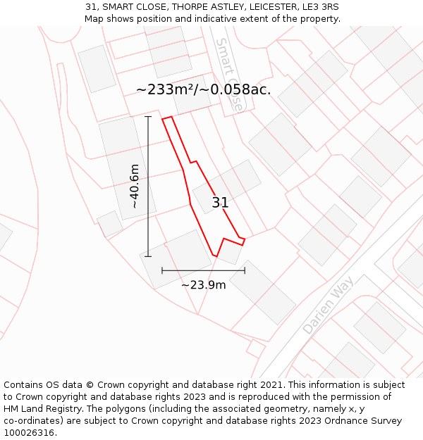 31, SMART CLOSE, THORPE ASTLEY, LEICESTER, LE3 3RS: Plot and title map