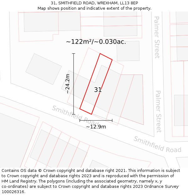 31, SMITHFIELD ROAD, WREXHAM, LL13 8EP: Plot and title map