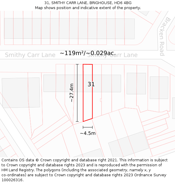 31, SMITHY CARR LANE, BRIGHOUSE, HD6 4BG: Plot and title map