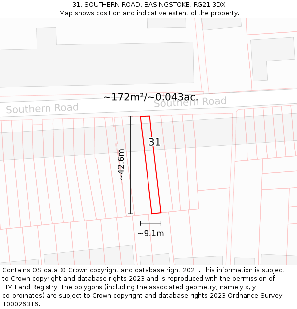 31, SOUTHERN ROAD, BASINGSTOKE, RG21 3DX: Plot and title map