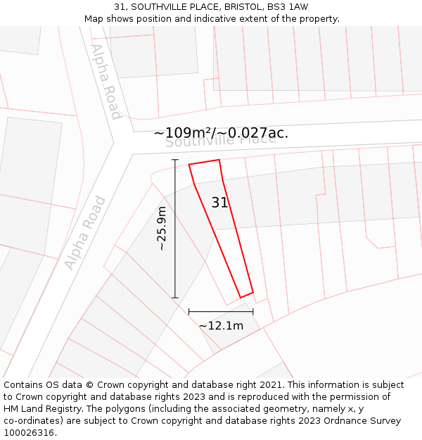 31, SOUTHVILLE PLACE, BRISTOL, BS3 1AW: Plot and title map