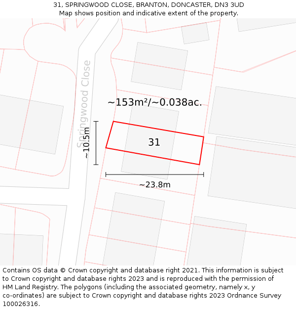 31, SPRINGWOOD CLOSE, BRANTON, DONCASTER, DN3 3UD: Plot and title map