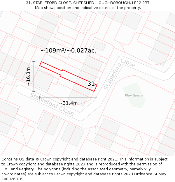 31, STABLEFORD CLOSE, SHEPSHED, LOUGHBOROUGH, LE12 9BT: Plot and title map