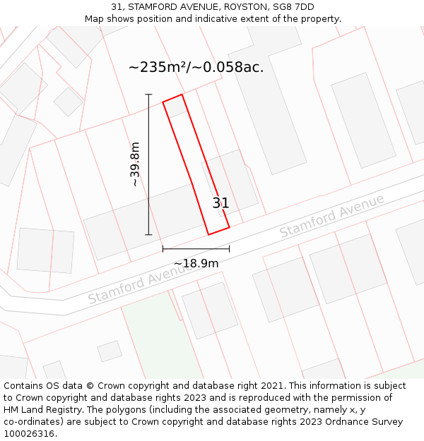 31, STAMFORD AVENUE, ROYSTON, SG8 7DD: Plot and title map