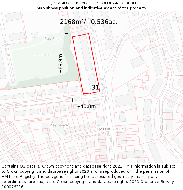 31, STAMFORD ROAD, LEES, OLDHAM, OL4 3LL: Plot and title map