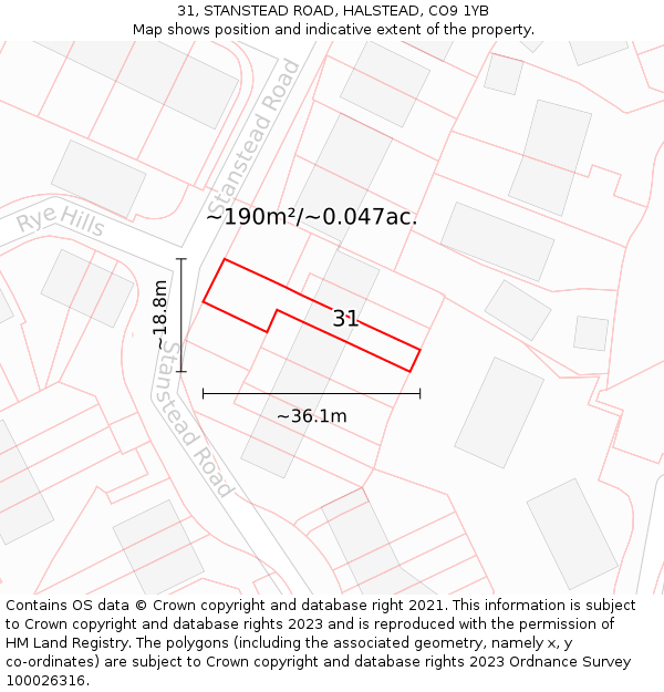 31, STANSTEAD ROAD, HALSTEAD, CO9 1YB: Plot and title map