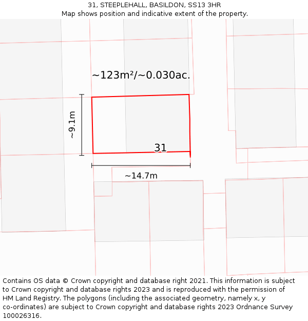 31, STEEPLEHALL, BASILDON, SS13 3HR: Plot and title map