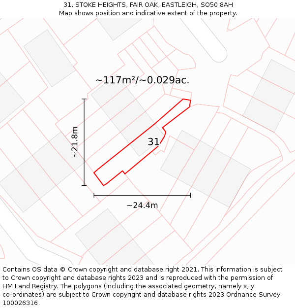 31, STOKE HEIGHTS, FAIR OAK, EASTLEIGH, SO50 8AH: Plot and title map