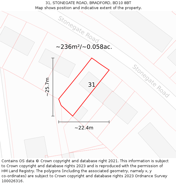 31, STONEGATE ROAD, BRADFORD, BD10 8BT: Plot and title map