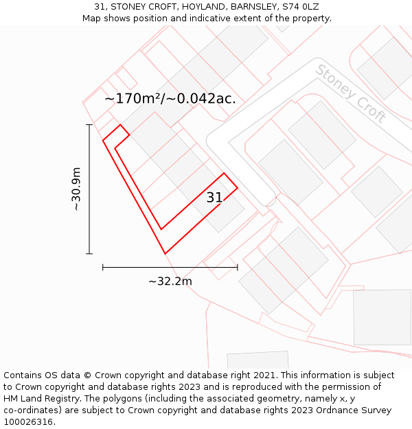 31, STONEY CROFT, HOYLAND, BARNSLEY, S74 0LZ: Plot and title map