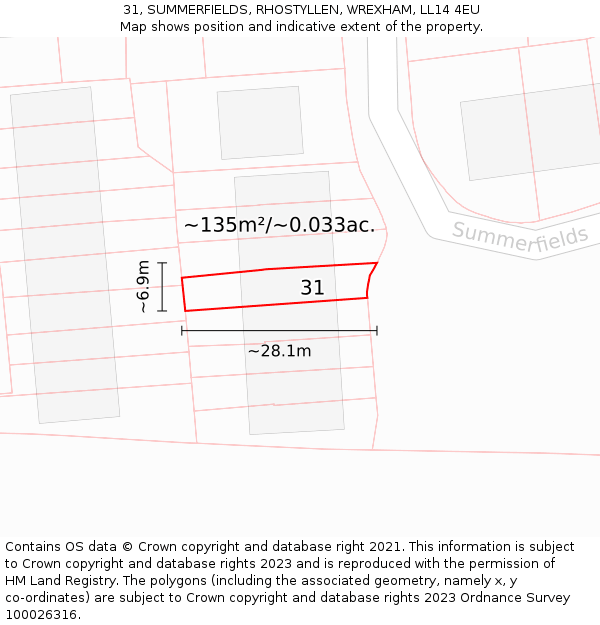 31, SUMMERFIELDS, RHOSTYLLEN, WREXHAM, LL14 4EU: Plot and title map