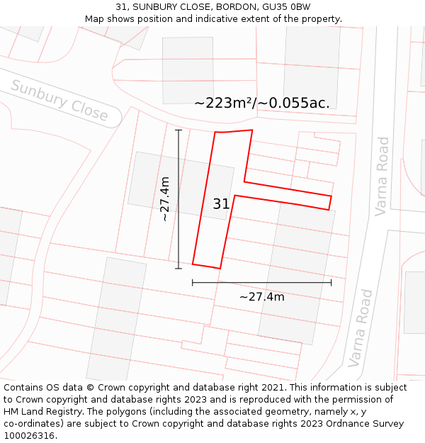 31, SUNBURY CLOSE, BORDON, GU35 0BW: Plot and title map