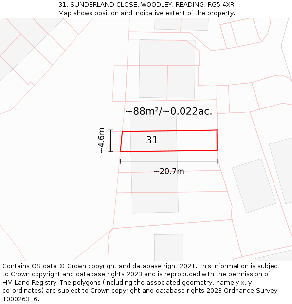 31, SUNDERLAND CLOSE, WOODLEY, READING, RG5 4XR: Plot and title map