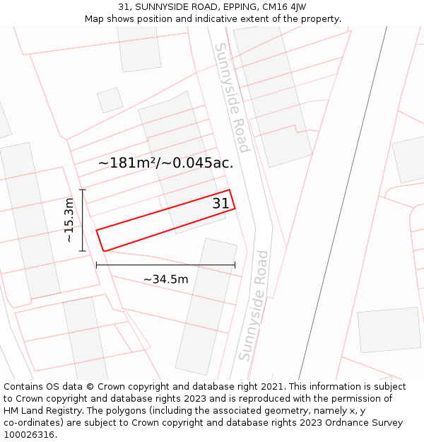 31, SUNNYSIDE ROAD, EPPING, CM16 4JW: Plot and title map