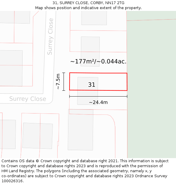 31, SURREY CLOSE, CORBY, NN17 2TG: Plot and title map