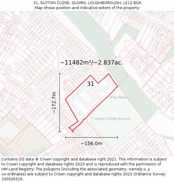31, SUTTON CLOSE, QUORN, LOUGHBOROUGH, LE12 8GA: Plot and title map
