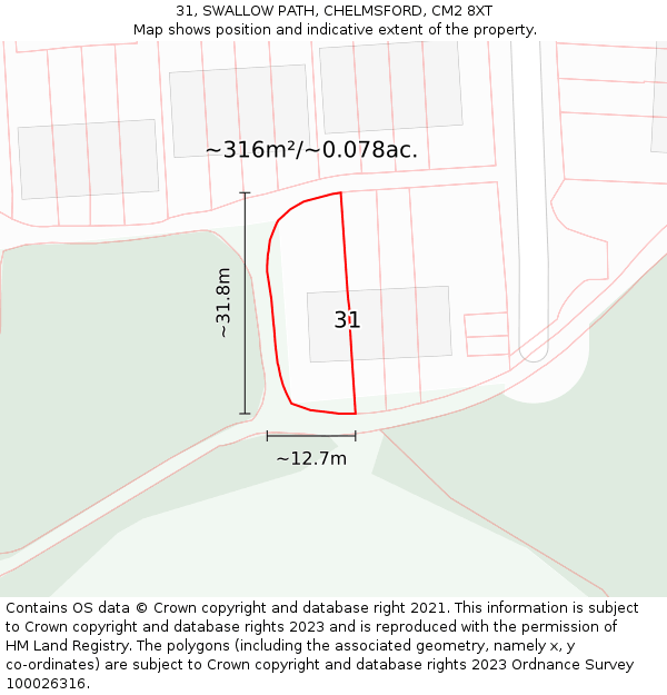 31, SWALLOW PATH, CHELMSFORD, CM2 8XT: Plot and title map