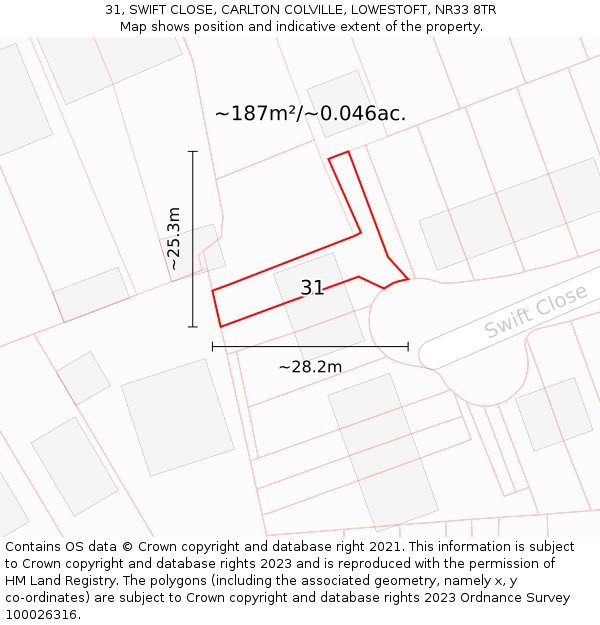 31, SWIFT CLOSE, CARLTON COLVILLE, LOWESTOFT, NR33 8TR: Plot and title map