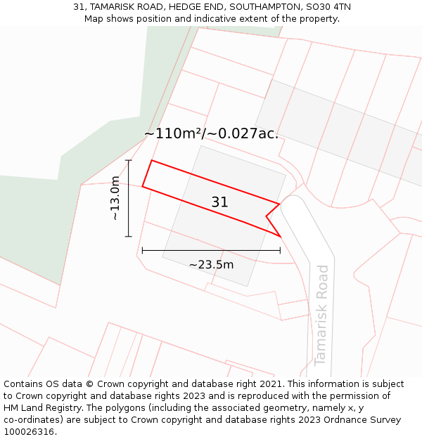31, TAMARISK ROAD, HEDGE END, SOUTHAMPTON, SO30 4TN: Plot and title map